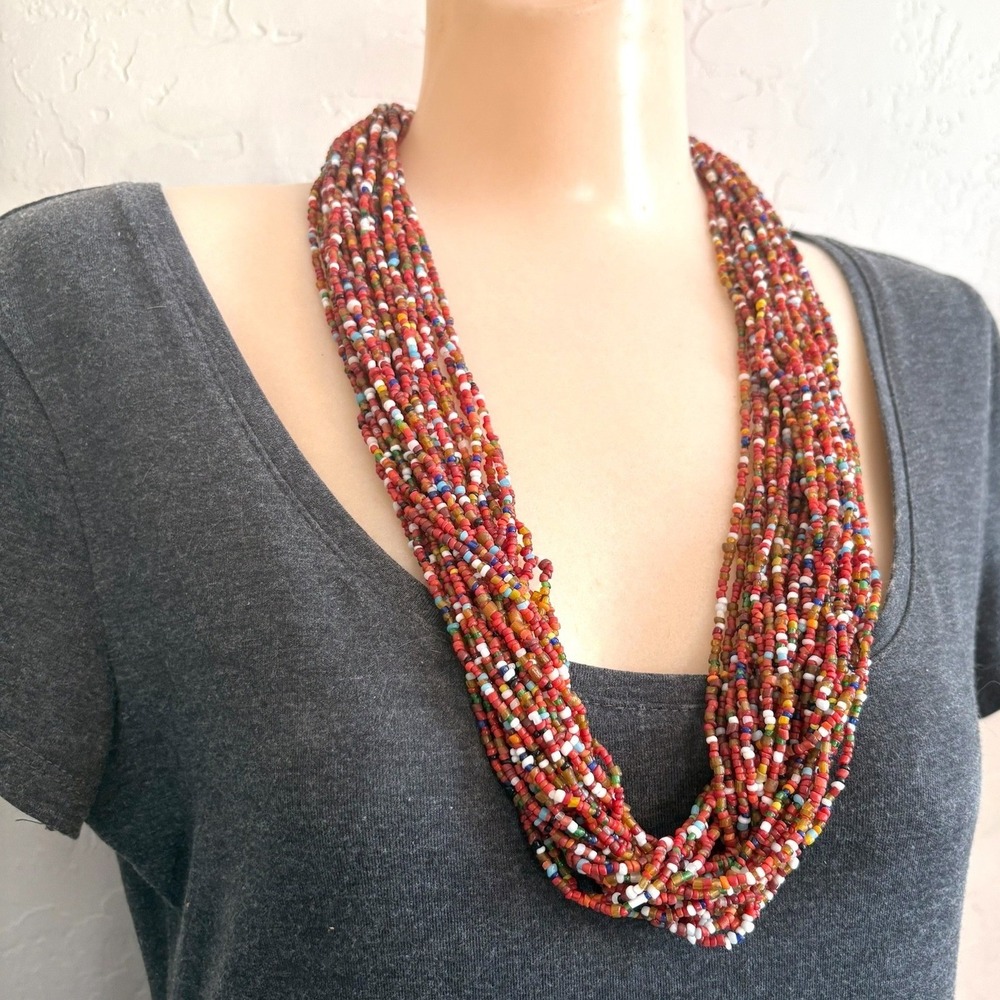 Southwestern Multi-Strand Coral & Glass Seed Bead Statement Necklace Boho 30"